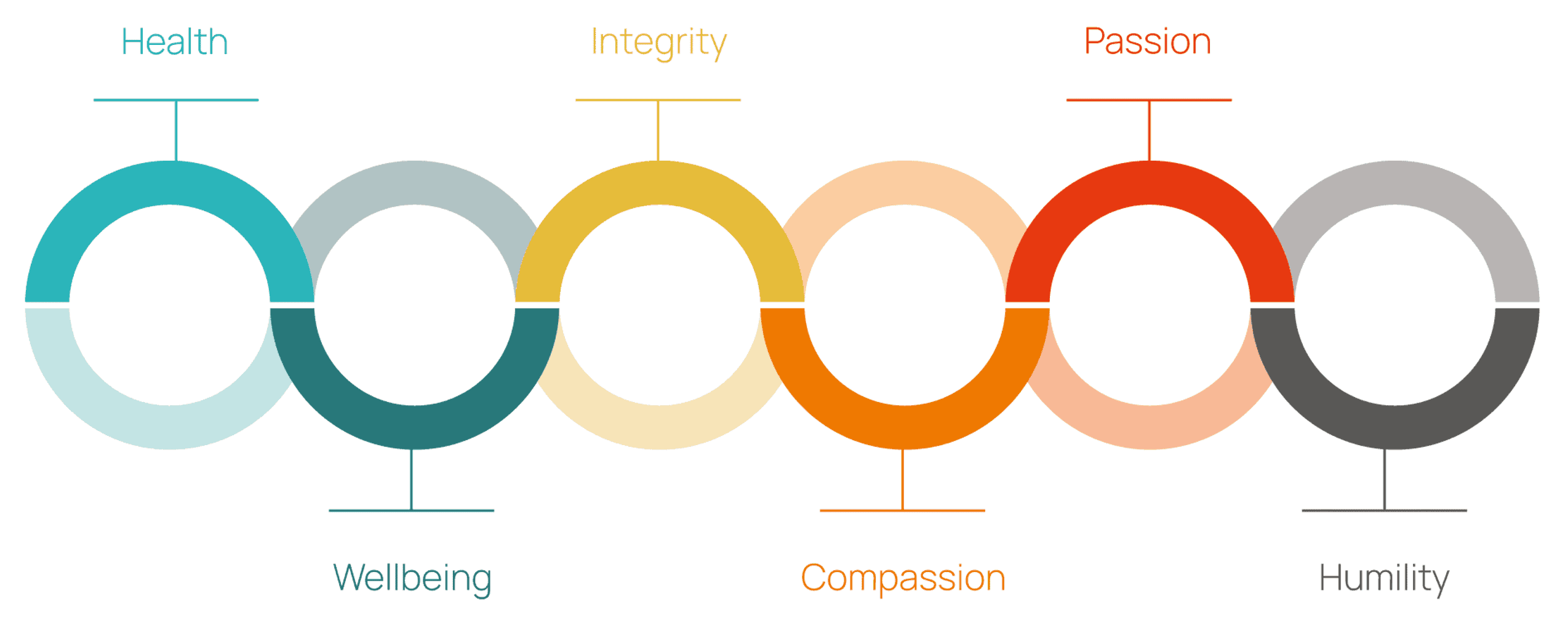 Interconnected circles labeled Health, Wellbeing, Integrity, Compassion, Passion, and Humility with corresponding color codes: teal, green, yellow, orange, red, and gray represent the core values of Healthcare Services in Cayman.