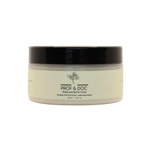 A round container of Prof & Doc Watercress Barrier Cream with a black lid and a beige label displaying brand and product details.