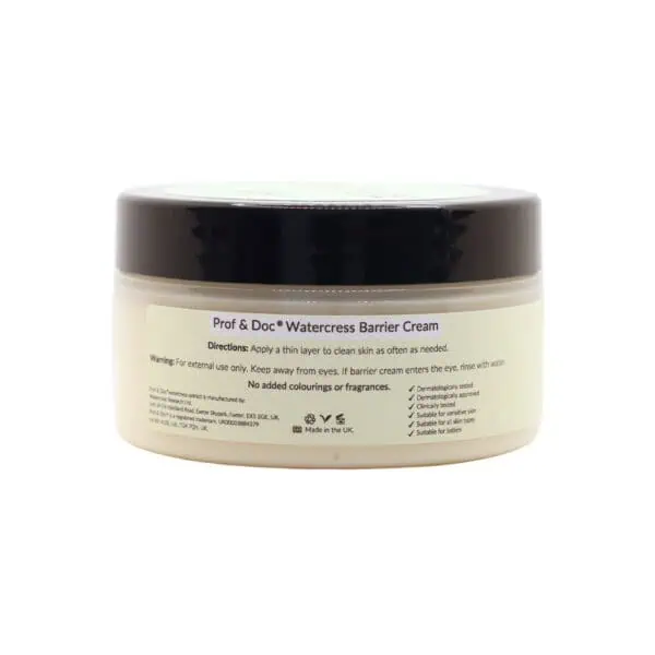 A jar of Prof & Doc Watercress Barrier Cream displaying directions and warning labels. The cream is dermatologically tested, suitable for sensitive skin, and has no added colorings or fragrances.