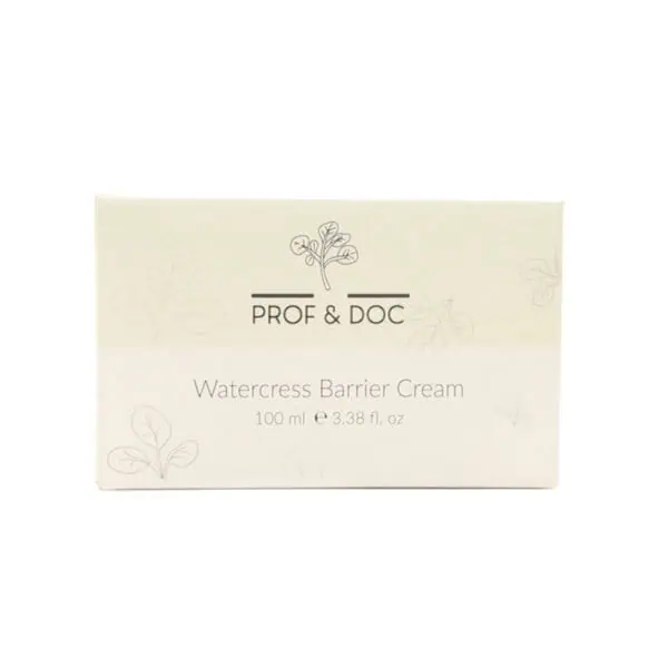 Box of Prof & Doc Watercress Barrier Cream, 100 ml (3.38 fl oz), with subtle watercress illustrations on the packaging.