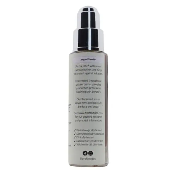 A skincare product in a pump bottle with text describing its benefits and usage instructions. The product is vegan-friendly, dermatologically tested, clinically tested, suitable for sensitive skin and all skin types.