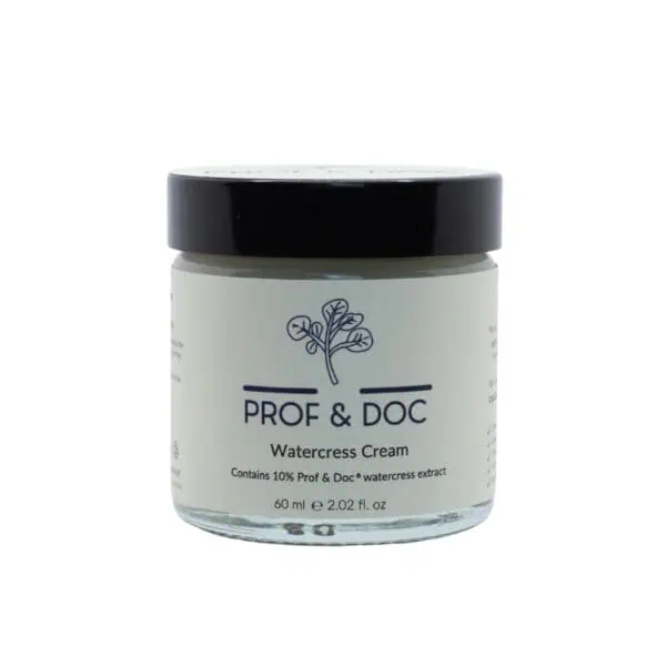 A jar of Prof & Doc Watercress Cream, containing 60 ml (2.02 fl. oz.), labeled with watercress extract and 10% Prof & Doc.