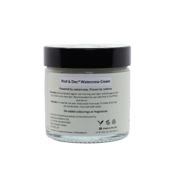 A jar of "Prof & Doc Watercress Cream" with a black lid. The label includes usage instructions, product details, and manufacturer information.