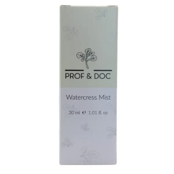 A box of Prof & Doc Watercress Mist, 30 ml (1.01 fl. oz), with a minimalistic design featuring leaves and a watercress logo.