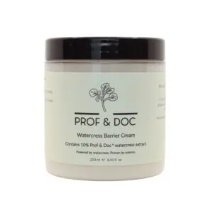 A jar of Prof & Doc Watercress Barrier Cream, 250 ml (8.45 fl. oz), with a black lid, featuring a label with text and a small plant graphic.