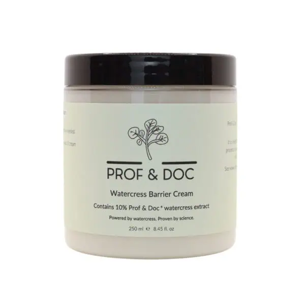 A jar of cream with a black lid, labeled "Vegan Friendly." The label highlights its benefits: soothe, protect, suitable for sensitive skin, dermatologically tested, clinically tested, and suitable for all skin types.