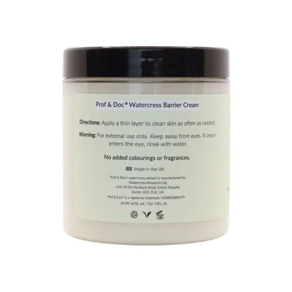 A jar of Prof & Doc Watercress Barrier Cream with directions and warnings printed on the label. Contains no added colorings or fragrances. Made in the UK.