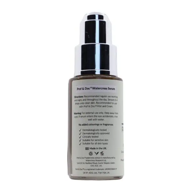 A bottle of Prof & Doc Watercress Serum with directions, warnings, and product information on the label. The product is dermatologically tested and made in the UK.