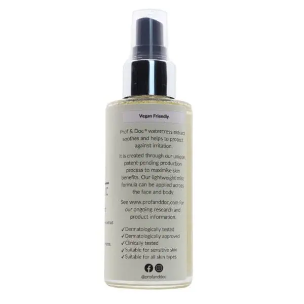 A bottle labeled "Prof & Doc" with a spray nozzle. The product claims to soothe irritation, is vegan friendly, and suitable for all skin types. Text includes usage and dermatological testing information.