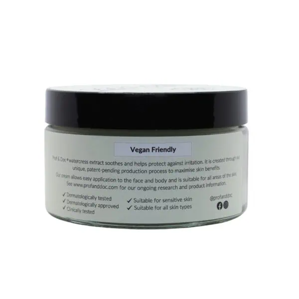 A jar with a black lid labeled "Vegan Friendly." It lists benefits such as being suitable for sensitive skin, dermatologically tested, and suitable for all skin types. Website and social media link provided.