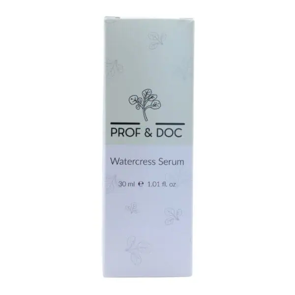 Box of Prof & Doc Watercress Serum, 30 ml (1.01 fl. oz). The packaging features minimalist leaf designs and product details.