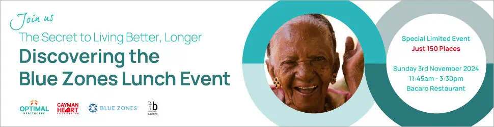 Promotional banner for "Discovering the Blue Zones Lunch Event" on Sunday, 3rd November 2024, 11:45am-3:30pm at Bacaro Restaurant, featuring a smiling elderly woman.