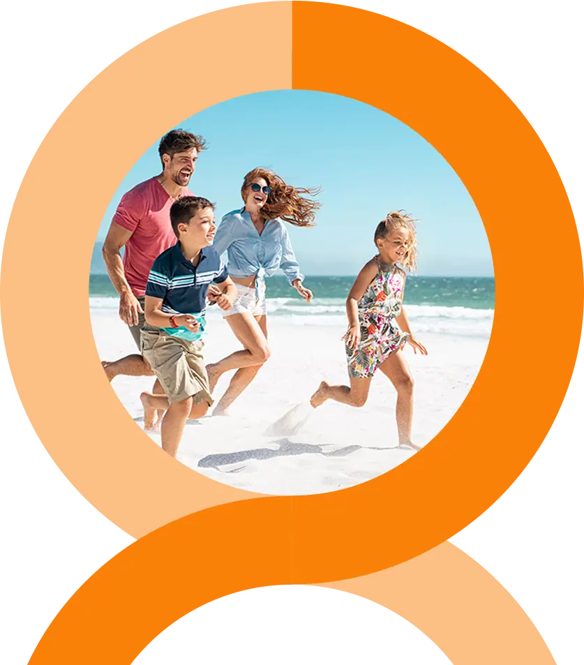 A family with two children runs joyfully on a sunny beach, framed by an orange circular graphic.